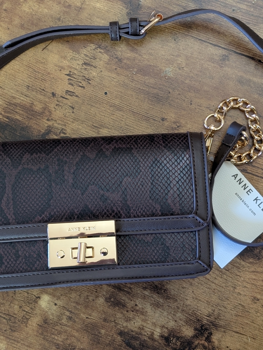 NWT Anne Klein Dark Brown Snake-Embossed Crossbody Bag with Gold Hardware